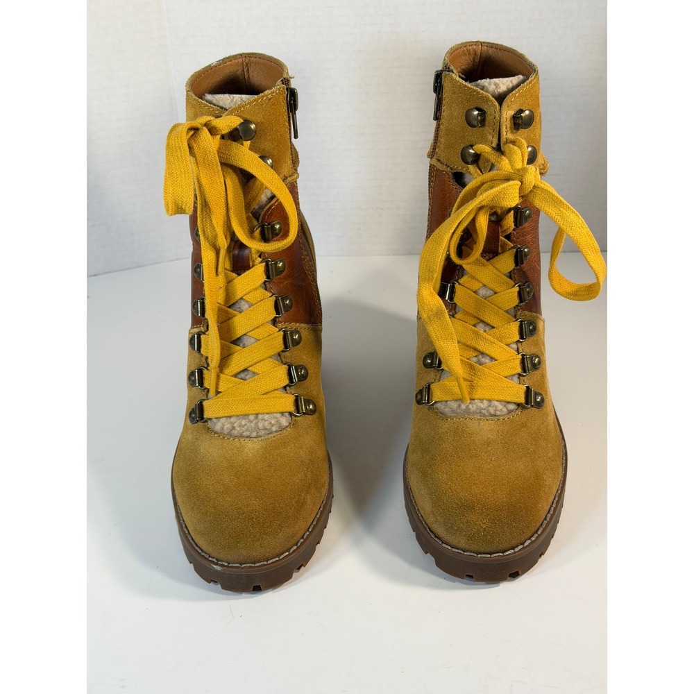 Frye Sabrina 6G Lace Up Suede Leather Shearling Boots Mustard Cognac 8.5 3470767